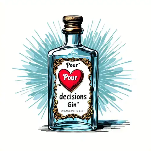 "Pour decisions " vintage gin bottle with heart shaped label and ornate glass  tattoo design idea