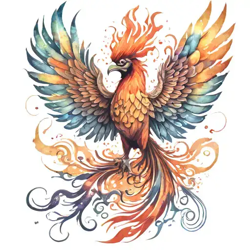 realistic phoenix with detailed feathers and flames rising from the ashes tattoo design idea