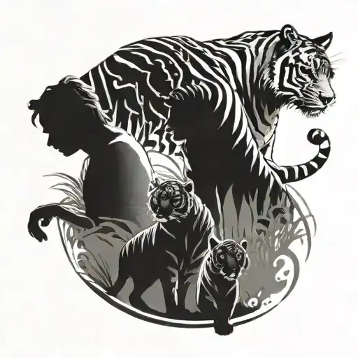 silhouette in the form of shadows dad, mom, two sons against the background of a tiger tattoo design idea