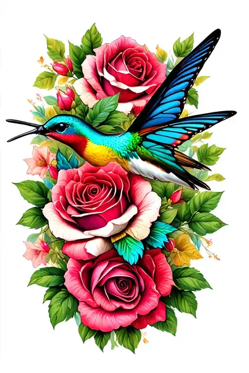 butterfly hummingbird roses tattoo design idea