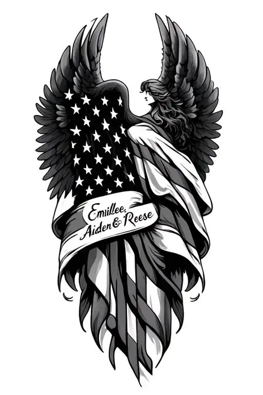 "Emilee, Aiden, Reese" arch angel American flag tattoo design idea