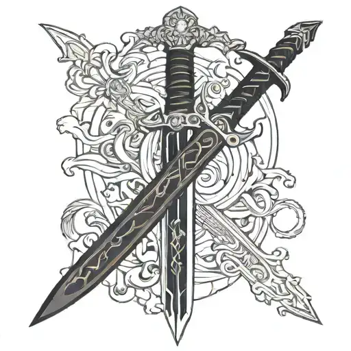 A minimalistic, full-length black sword design seen from the front, positioned vertically. The sword has sharp, clean li tattoo design idea