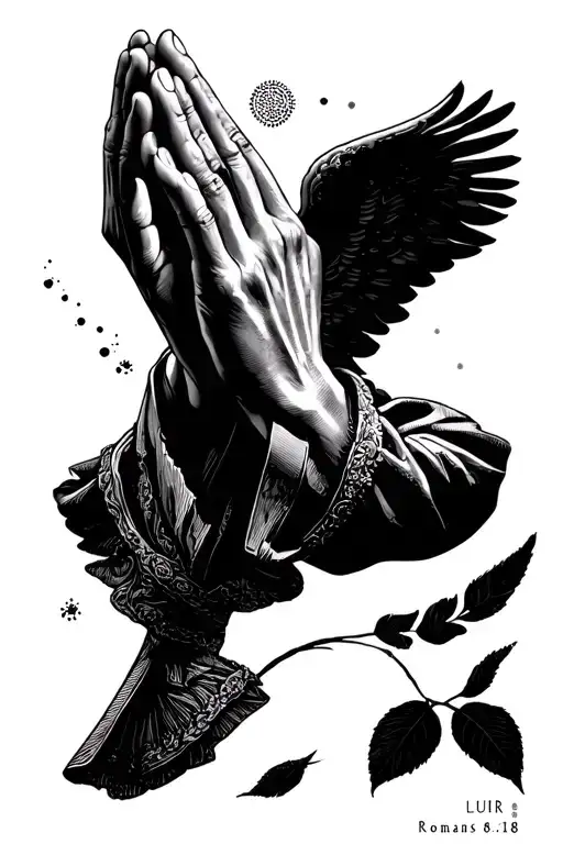 Romans 8:18 with a praying hands and LLUR underneath  tattoo design idea