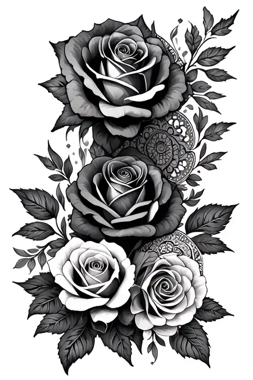 roses and mandalas leg  tattoo design idea