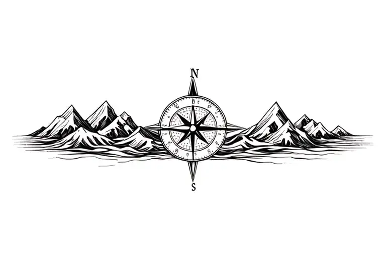 large compass surrounded by intricate geometric mountains and waves, black and white, add triangle frame tattoo design idea
