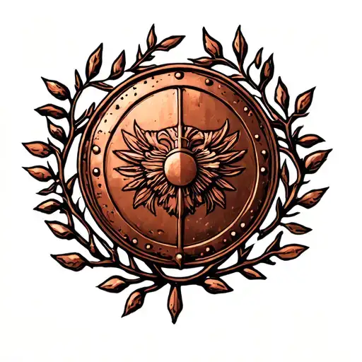 Round copper shield of Perseus in branches tattoo design idea