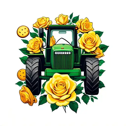 yellow roses, tractor, table with cookies tattoo design idea