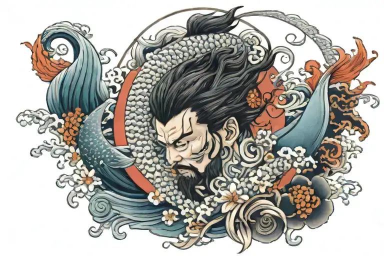Create a back tattoo that spans top half of a male back from shoulder to shoulder. Make it Japanese styled with an ocean tattoo design idea