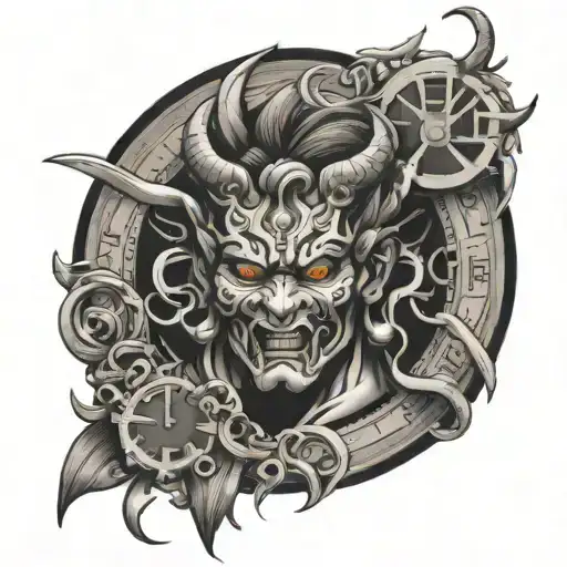 Oni, angel and clock face tattoo design idea