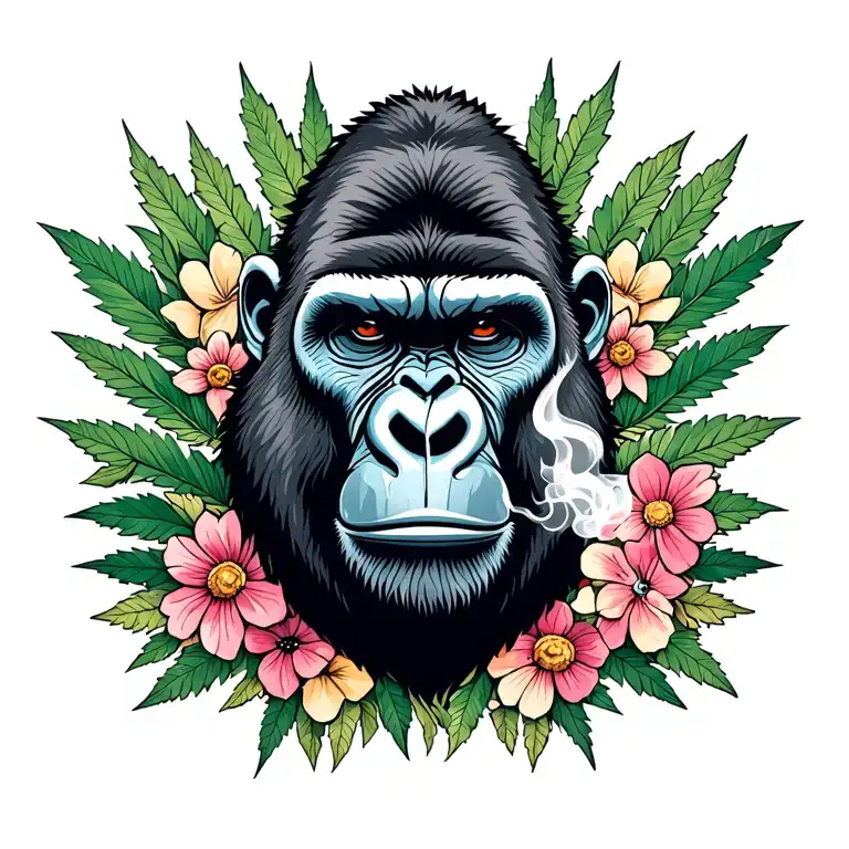 "delicate lines with flowers" Gorilla smoking weed leaf tattoo design idea