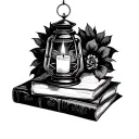 black and white line tattoo. Antique candle lantern on top of stack of books, candle inside lantern is lit and is emitti tattoo design idea