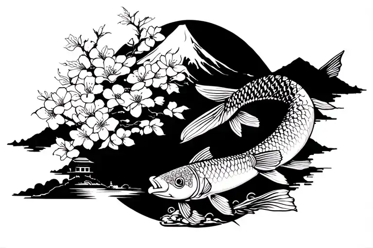 Cherry blossoms, Shinto shrine, Mount Fuji, koi carp tattoo design idea