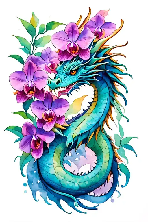 dragon with orchids intertwined tattoo design idea
