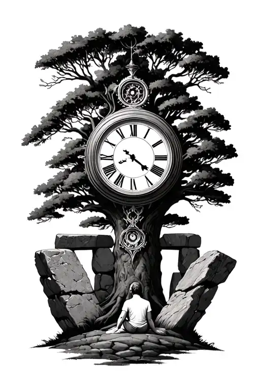 clock tourbillon above a tree, with a person sitting at the foot of the tree. stonehenge stones either side of tree tattoo design idea