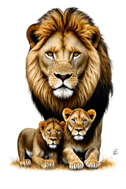 1 male lion with 1 female lion with 3 baby lions tattoo design idea