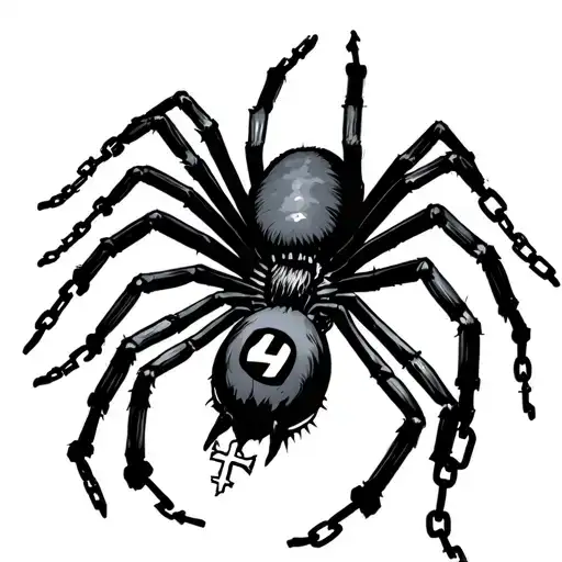 black spider with a 0 on its abdomen and a chain going around his body the end of the chain should be a cross tattoo design idea