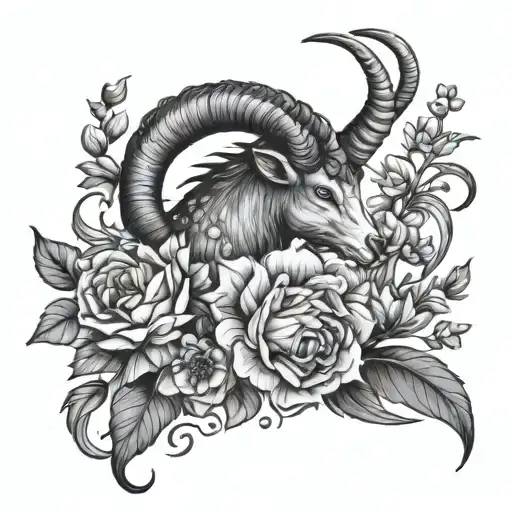 Capricorn and flowers tattoo design idea