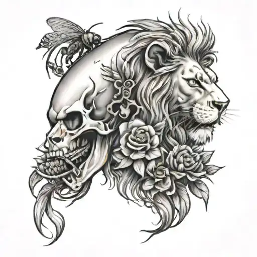 skull of lion with beehive and bees inside the lions mouth like the riddle of samson and delilah tattoo design idea
