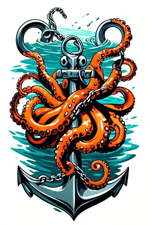 black and orange octopus wrapped around anchor in water with broken chain tattoo design idea