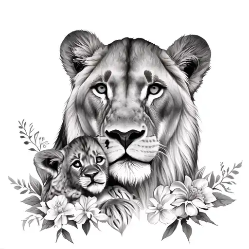 lioness with 2 cubs and flowers tattoo design idea