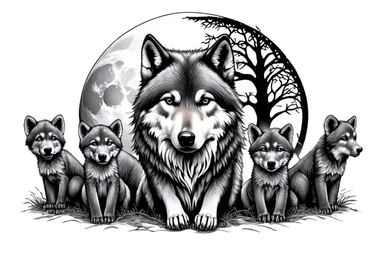 mother wolf surrounded by 5 cubs with the full moon  and tree of life in the back tattoo design idea