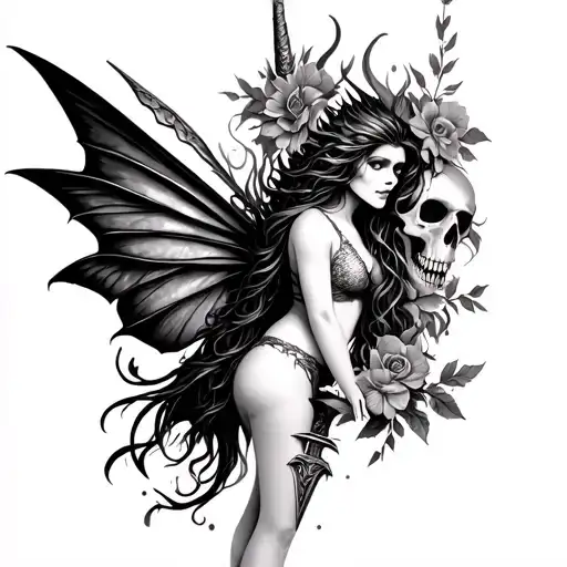 fairy with dragon, skull, dagger and flowers tattoo design idea