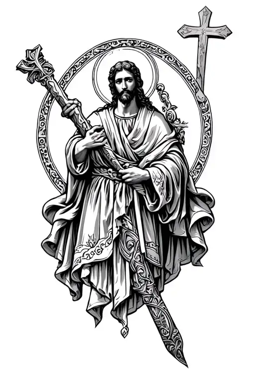 Saint Andrew with his cross and details tattoo design idea
