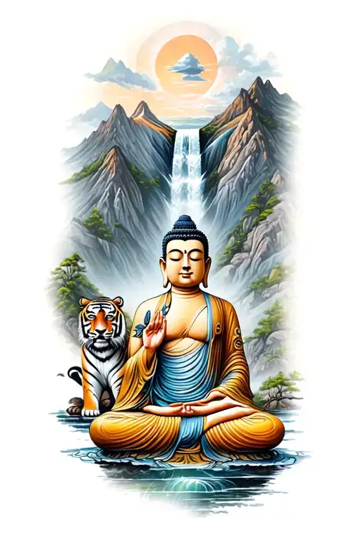 meditating Buddha in mountains, stalking tiger emerging, waterfall and mountains in background tattoo design idea