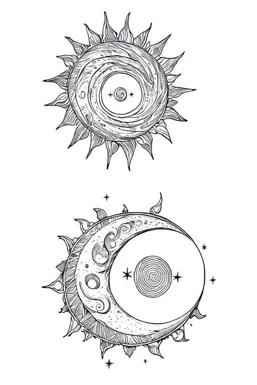 a sun and moon with spiral in them with stars surrounding tattoo design idea
