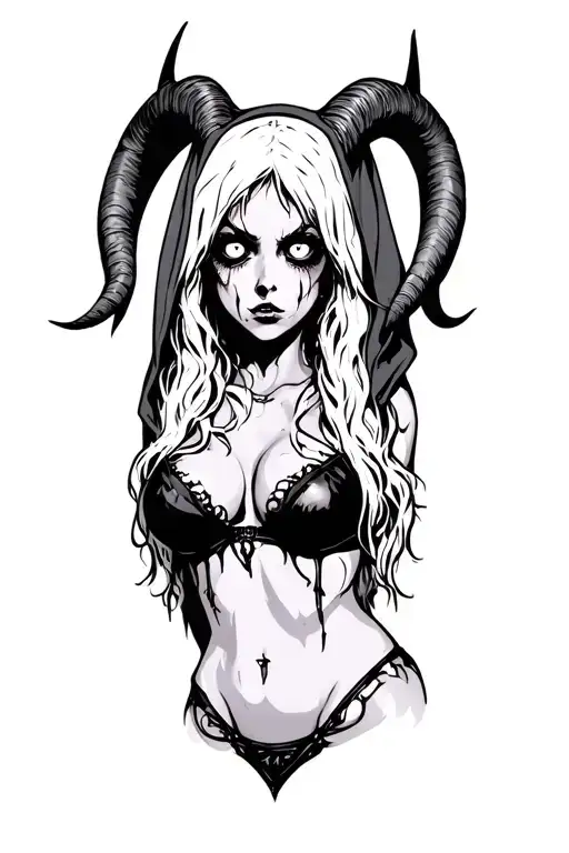 Sexy Pale Girl, Petite, Big Boobs, Wide Hips, G-string, Horns, Sexual.... on hood, white eyes, druid, angry tattoo design idea