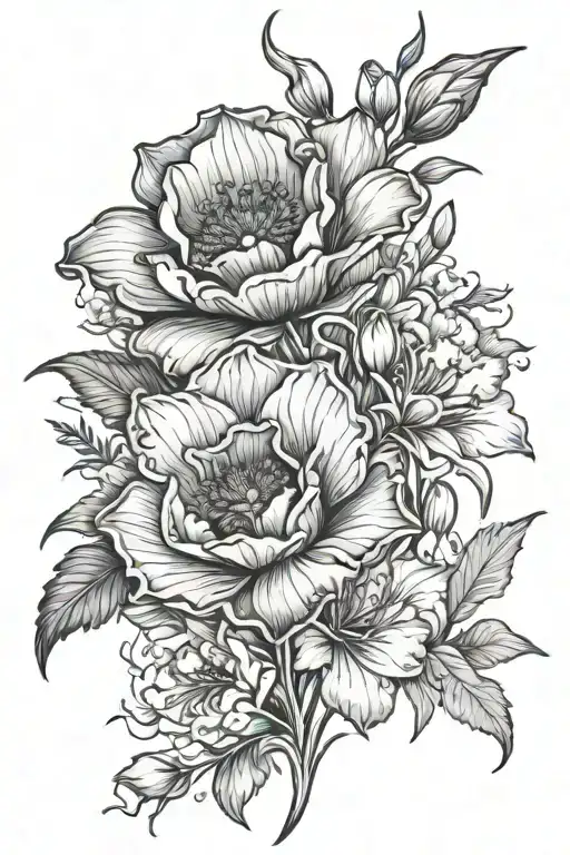 poppy and gladiolus, Larkspur and water lily tattoo design idea