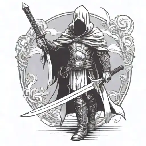 A full-length hooded warrior standing straight with his sword lowered tattoo design idea