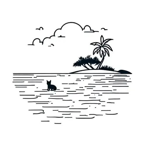 small island with palm tree and small cat on beach tattoo design idea