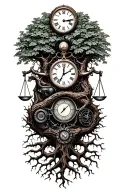 gothic tree of life with midevil roots intertwined with v-twin motor, libra scales and a clock tattoo design idea
