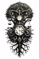 gothic tree of life with midevil roots intertwined with v-twin motor, libra scales and a clock tattoo design idea