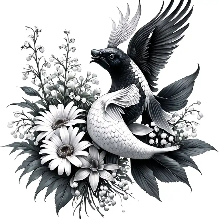  out of water black white koi Transformung into phoenix, bouquet with an aster, a daisy, a lily of the valley tattoo design idea