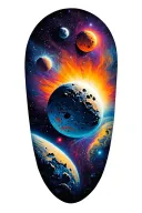 outer space, planet, asteroid, bold colors tattoo design idea