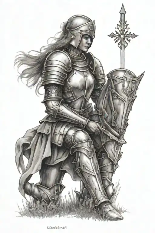 female knight wearing the armor of god kneeling in a field of lavender with the sky above parting highlighting her tattoo design idea