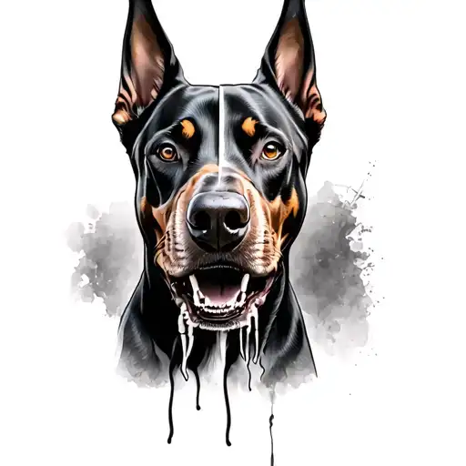 a Doberman dog where half the face is normal, and the other half is dead, rotten and with a jaw bone that is hanging.  tattoo design idea