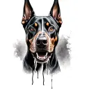 a Doberman dog where half the face is normal, and the other half is dead, rotten and with a jaw bone that is hanging.  tattoo design idea
