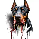 a Doberman dog where half the face is normal, and the other half is dead, rotten and with a jaw bone that is hanging.  tattoo design idea