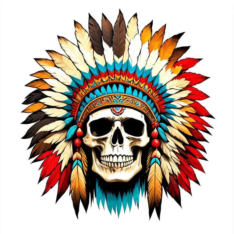 chief Native American skull with headdress front facing tattoo design idea
