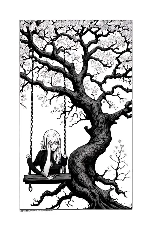 Poiskn tree, with a teenage looking female with white hair on a swing hanging from a branch of the poison tree tattoo design idea