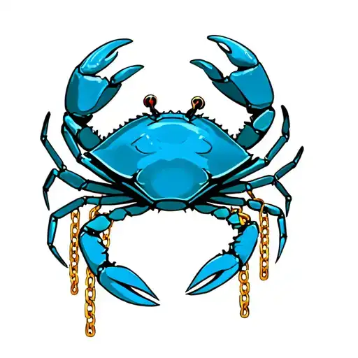 Blue Crab with gold chains hanging off of it gently tattoo design idea