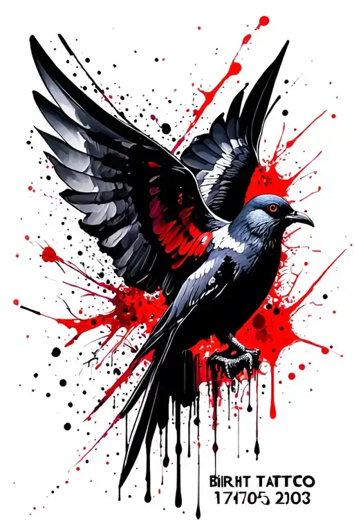 black dove with birthdate under it. Violet colored themed  tattoo design idea