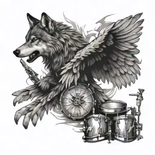 A wolf and eagle in a fierce musical battle, surrounded by instruments tattoo design idea
