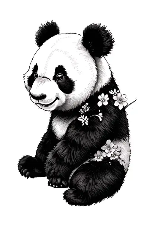 cute panda with half face as flowers  tattoo design idea