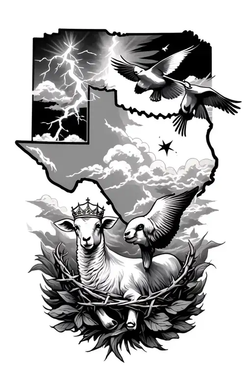 a forearm tattoo with a outline of the Texas map clouds, lighting bolt, and a lamb with a crown of thorns, birds flying tattoo design idea