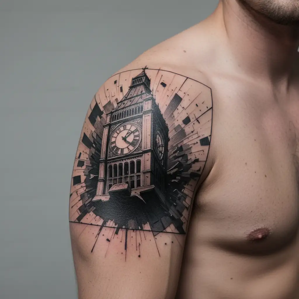 grand city clock tower breaking apart floating in the matrix tattoo design idea