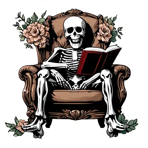 black and grey American traditional tattoo of skeleton sitting in a chair reading a book tattoo design idea